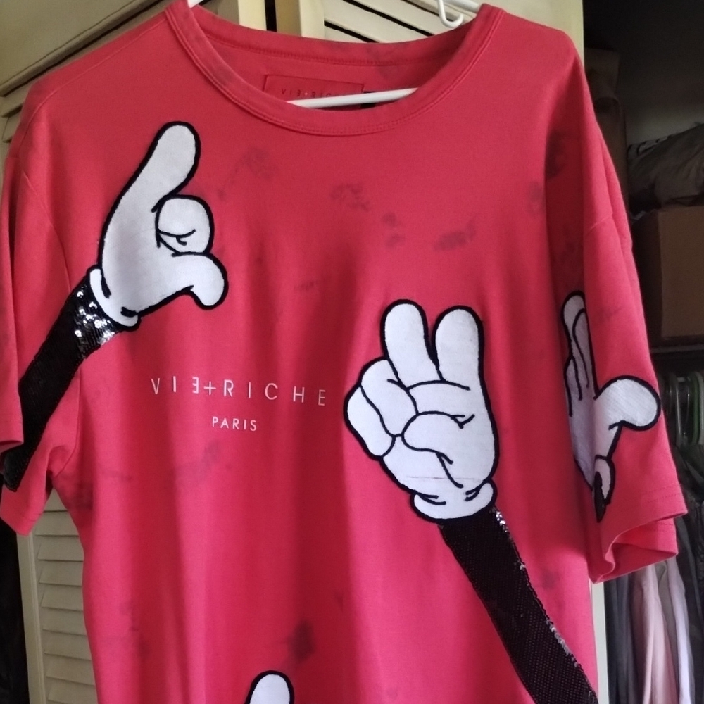 Red and White Short Sleeve Tee with Cartoon Hand Graphics